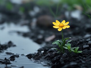 yellow Flower Growing in Black Soil