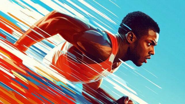 Illustration of a sprinter at the start of a race, body poised and muscles flexed, intense focus, depicted in a clean vector style