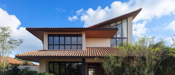 Modern two-story house with a unique design. the house has a sloping roof with a red tiled roof and a large window on the second floor.
