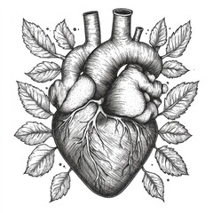 Sketch engraving style human heart black and white, anatomical human heart with veins and arteries, featuring intricate linework sketch engraving, White background.