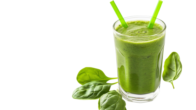 Glass of fresh green detox smoothie with a straw, healthy lifestyle and diet concept, isolated on a white background 