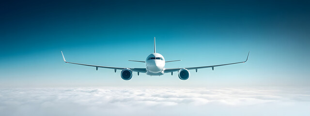 Fototapeta premium A white airplane flying in the sky, surrounded by clouds. 