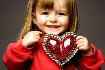 Ð¡hildren valentine's day greeting card: toddler girl with cheerful face holds red heart in hands. Commercial ad campaign concept art. Sign of love. Love-filled family image. Love concept.