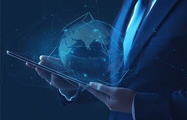 Businessman holding tablet with digital globe, global connections, dark background
