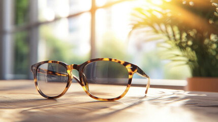 Tortoiseshell sunglasses resting on a wooden table, illuminated by soft sunlight streaming through a nearby window, creating a warm and cozy atmosphere.