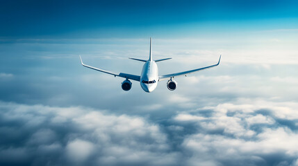 Obraz premium A white airplane flying in the sky, surrounded by clouds. 