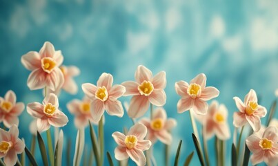 Naklejka premium Vibrant spring flowers standing out against a soft blue background. Spring flowers in a cheerful and lively atmosphere.