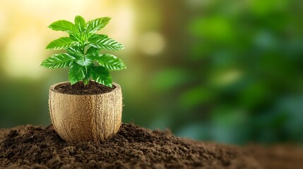 Plant growing in coconut shell, soil, sunlight background, promoting nature, environmental awareness