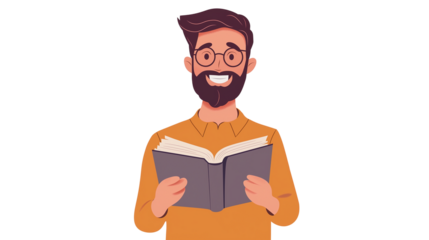 Man holding an open book, smiling confidently, education and knowledge theme, isolated on a white background