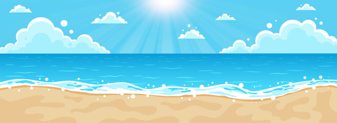 Bright sunny day at the beach with gentle waves rolling on the golden sand. Vector illustration