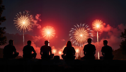 Fototapeta premium Silhouetted group enjoying fireworks display at night outdoors 
