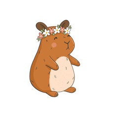 Cute hamster with wreath of flowers spring illustration