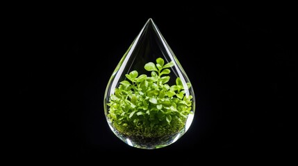 Plant in Glass Teardrop on Black Background