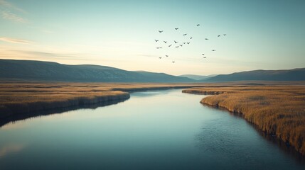 Obraz premium Serene river flowing through golden marsh at sunrise with birds in flight