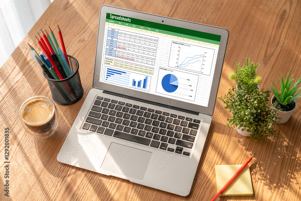 Poster spreadsheet document information financial startup concept. data and graphs in spreadsheet documents