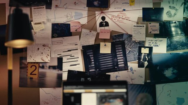 Camera zooming in on a photo of a suspect on a detective investigation board