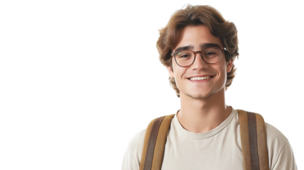 Smart student with glasses and a backpack, smiling and ready for learning, isolated on a white background 