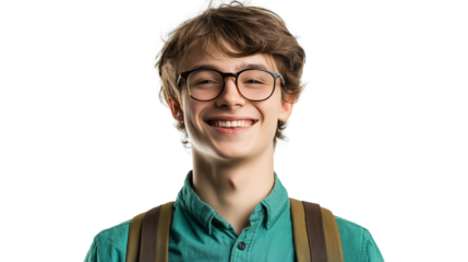 Smart student with glasses and a backpack, smiling and ready for learning, isolated on a white background 