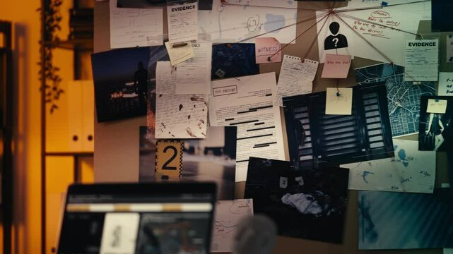 Police software runs on a laptop with an investigation board on background