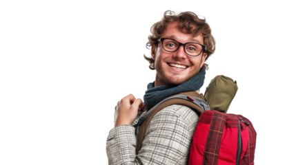 Smart student with glasses and a backpack, smiling and ready for learning, isolated on a white background 