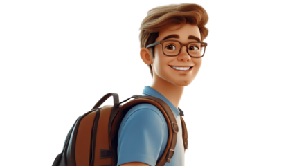 Smart student with glasses and a backpack, smiling and ready for learning, isolated on a white background 