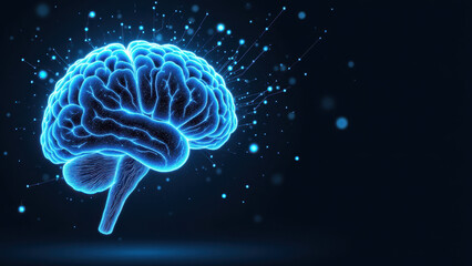A vivid blue 3D rendering of a human brain with light beams emanating from its top, symbolizing artificial intelligence or cognitive enhancement.