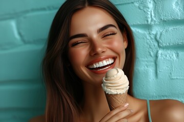 Smiling woman enjoying ice cream cone against teal wall while capturing joyful summer moment and indulging in sweet treat