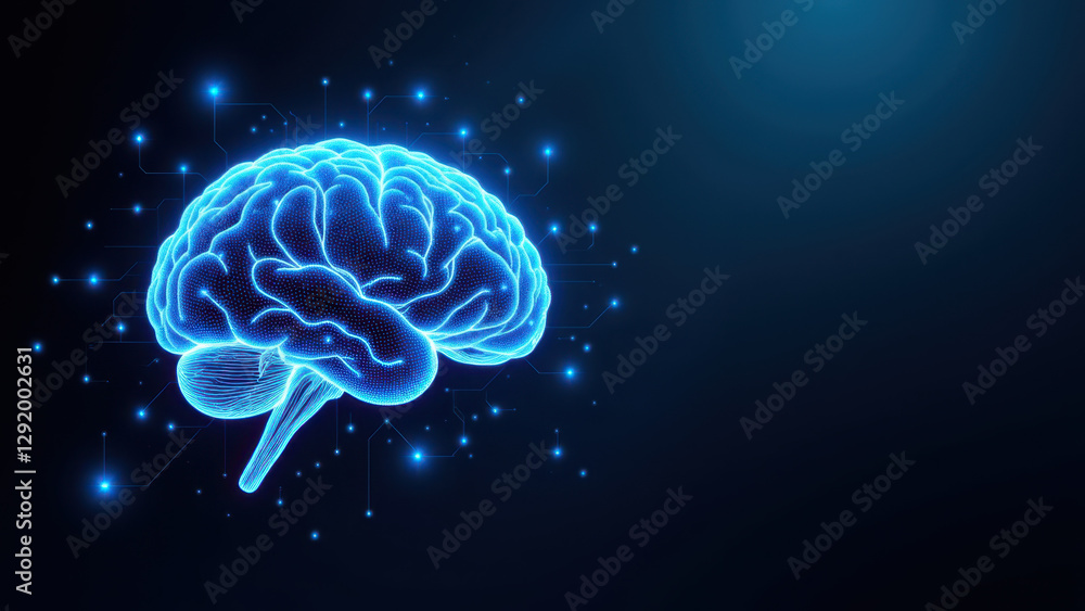 Poster image of a human brain with digital circuitry and glowing particles, representing artificial general