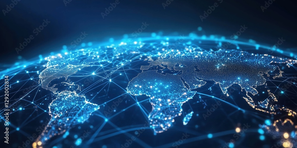 Poster network connections illuminate the globe showcasing a digital world map with intricate data lines an