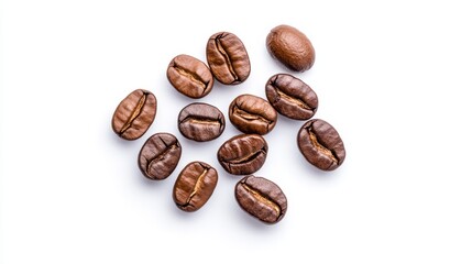 Naklejka premium Aromatic Coffee Beans Scattered - Close-up view of scattered roasted coffee beans on a white background. Rich brown tones, perfect for coffee-related projects