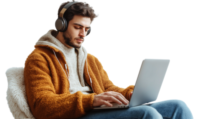 Freelancer working on a laptop, wearing headphones, focused on remote work, digital nomad concept, isolated on a white background
