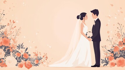 Asian Couple's Wedding Day Illustration - A flat illustration of an Asian bride and groom, symbolizing love, commitment, marriage, togetherness, and new beginnings. Peach background