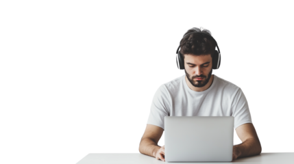 Freelancer working on a laptop, wearing headphones, focused on remote work, digital nomad concept, isolated on a white background