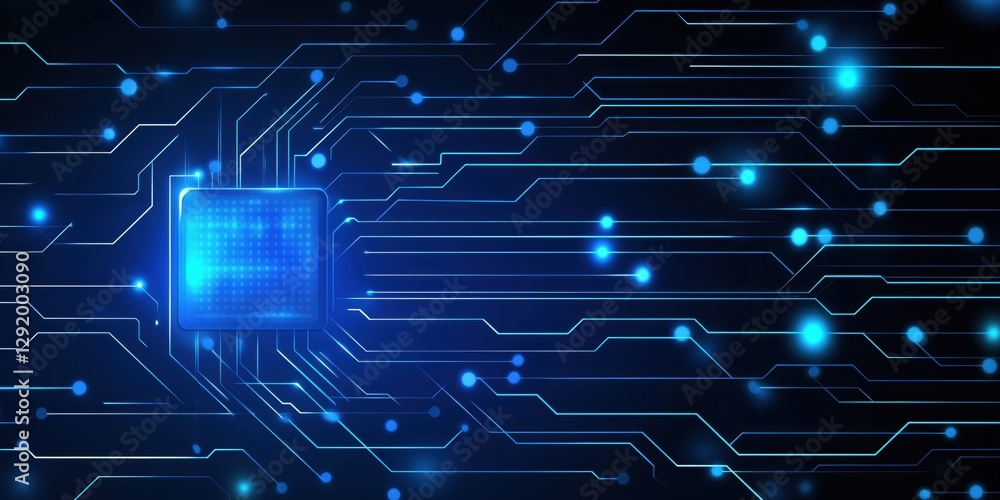 Poster blue circuit board design featuring digital connections and glowing elements illustrating technology