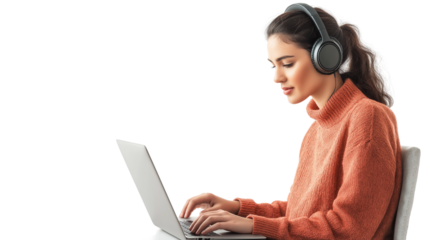 Freelancer working on a laptop, wearing headphones, focused on remote work, digital nomad concept, isolated on a white background
