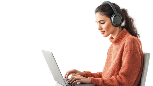 Freelancer working on a laptop, wearing headphones, focused on remote work, digital nomad concept, isolated on a white background