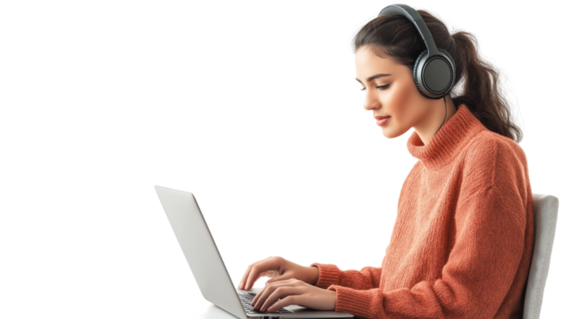 Freelancer working on a laptop, wearing headphones, focused on remote work, digital nomad concept, isolated on a white background
