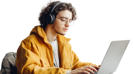 Freelancer working on a laptop, wearing headphones, focused on remote work, digital nomad concept, isolated on a white background