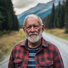 A wise-looking man stands amidst a beautiful landscape scenery.