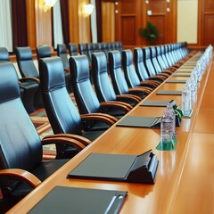 A spacious conference room showcasing a long table and black leather chairs for meetings and discussions.