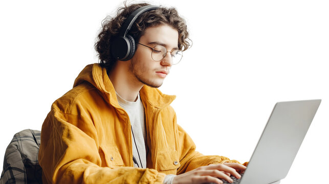 Freelancer working on a laptop, wearing headphones, focused on remote work, digital nomad concept, isolated on a white background
