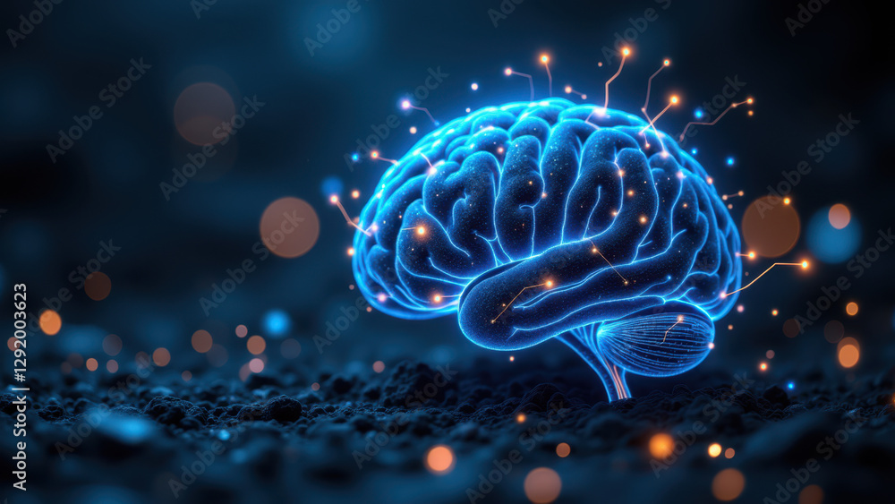 Poster artificial general intelligence, a.g.i., conceptual representation with glowing brain and neural con