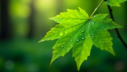Una hoja verde con gotas de agua en su superficie, el fondo es un verde suave y borroso, creando una sensación de frescura y naturaleza