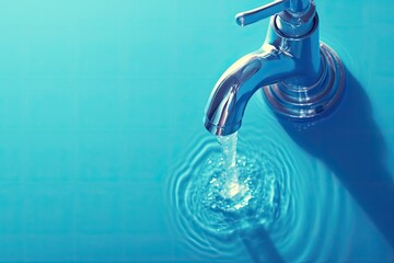 Chrome faucet pouring water on a blue surface