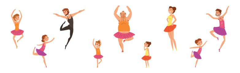Ballet Class with Funny People Character Dance in Tutu Skirt Vector Set