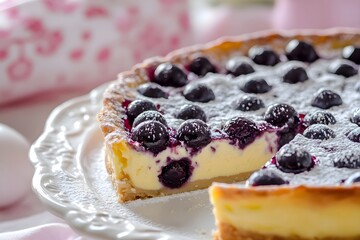 Fruit clafoutis with cherries and blueberries, dusted with powdered sugar