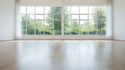 Fototapeta premium Sunlight through large windows in empty room, hardwood floor, green trees outside