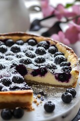Fruit clafoutis with cherries and blueberries, dusted with powdered sugar
