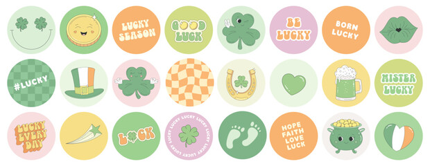 St. Patrick's Day round stickers in groovy retro style. Clover, leprechaun hat, horseshoe, gold coin, beer, pot of gold. Sticker pack of cartoon characters, elements, phrases, good luck wishes.