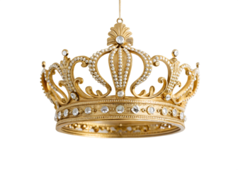 Regal and elegant golden crown hangs on white, golden crown with royal appeal, Cut Out
